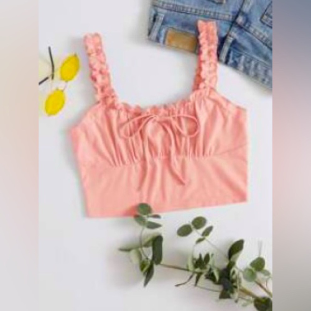 Short ruched chest top with front drawstring with ruched strap.